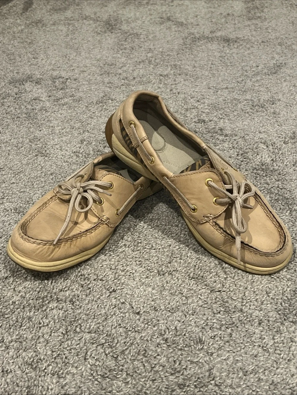 Sperry Tan Leather Boat Shoes with Stripe Zibra Accent
